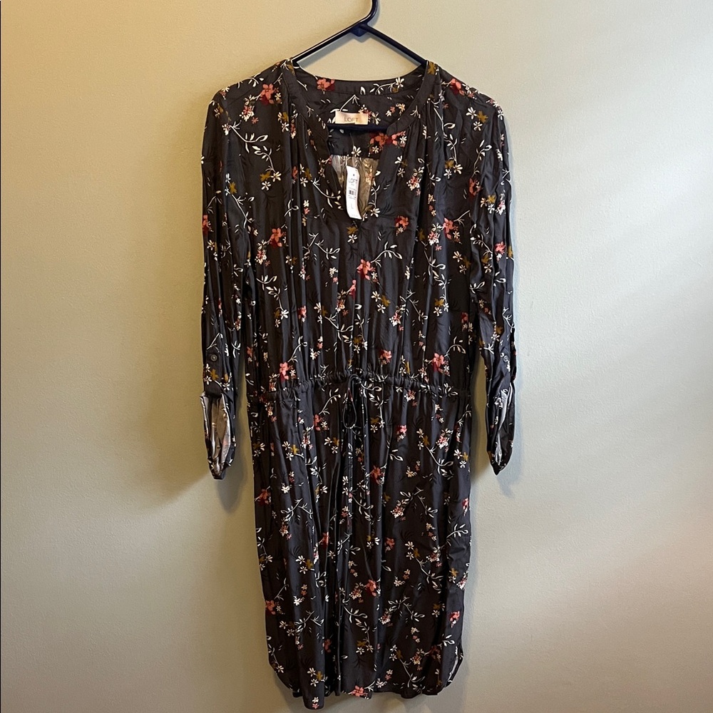 LOFT Floral Print Midi Dress gray with pinkish and burgundy flowers w: pockets
